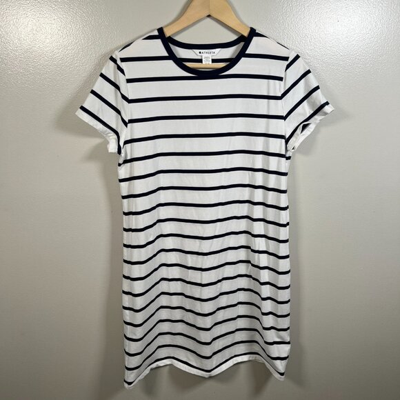 Athleta Essential Tee Dress Size Medium Petite Blue Stripe Minimal Casual Comfy - Picture 1 of 9